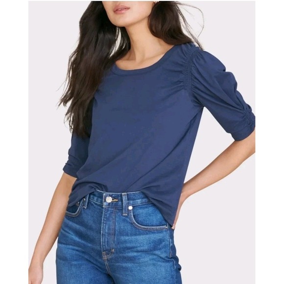 Veronica Beard Jeans Shirt M Puff Sleeve Jessa Top Ruched Tee Navy Blue Top - Picture 1 of 9